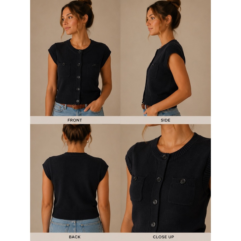 LOFT Womens Black Knit Button Down Sweater Vest Crew Neck Size S‎ N89